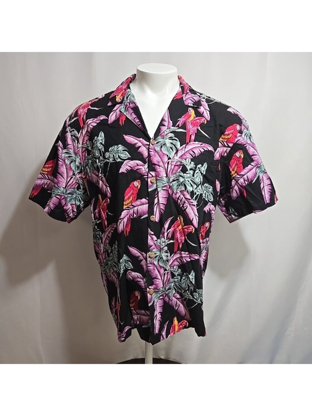 Vintage Paradise Found Hawaiian Shirt Mens Size XL Parrots Camp Collar Cotton